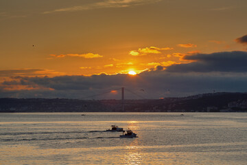 Sticker - Two boats sail across the sea at dawn. Bosphorus Strait, Istanbul, Turkey. Cityscape, travel