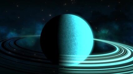 cgi zoom in towards aqua saturn-like alien planet with blue rings in front of blue green nebula, spa