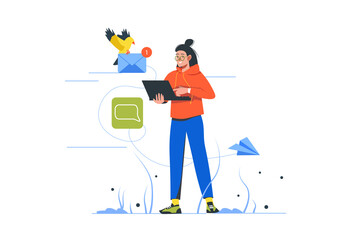 Poster - Email service modern flat concept. Woman writes message in chat on laptop. Online correspondence, promotional mailings, electronic letters. Vector illustration with people scene for web banner design