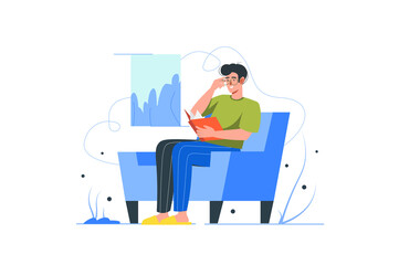 Poster - People reading book modern flat concept. Young man sitting in chair and reads novel. Student studying textbook and preparing for exams. Vector illustration with human scene for web banner design