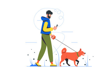 Aufkleber - People sit in gadgets modern flat concept. Young man walks dog and scrolls news feed on smartphone. Online addiction and communication. Vector illustration with human scene for web banner design