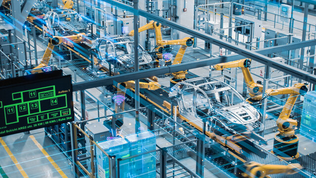 Car Factory Digitalization Industry 4.0 5G IOT Concept: Automated Robot Arm Assembly Line Manufacturing High-Tech Electric Vehicles. AI Computer Vision Analyzing, Scanning Production Efficiency