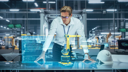 Leinwandbilder - Industry 4.0 High-Tech Factory: Robotics Engineer Working on Robot Arm Design, Using Augmented Reality Hologram to Analyze Conceptual 3D Model. Futuristic Engineering with Digital Technology