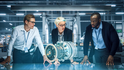 Aufkleber - Green Energy Car Design: Diverse Team of Automotive Enginers Using Augmented Reality Hologram to Construct 3D Model of High-Tech Electric Engine Turbine. Futuristic Automated Robot Arm Manufacturing