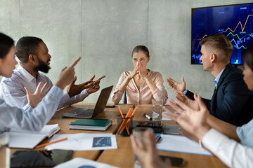 Poster - Mobbing At Workplace. Aggressive Coworkers Screaming At Colleague At Meeting In Office