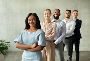 Poster - Business Team. Black Female Boss Posing With Her Employees In Office