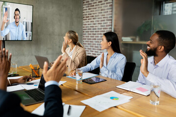Poster - Videoconference Concept. Multiethnic business people making video call with colleague in office