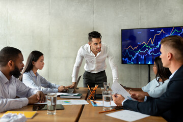 Poster - Aggressive Young Arab Ceo Blaming Employees For Business Failure During Corporate Meeting