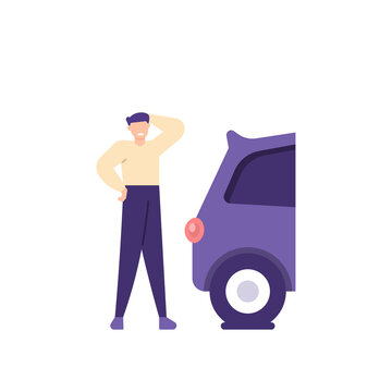 illustration of a confused man because his car tire is flat and punctured. flat cartoon style. vector design. can be used for UI elements, landing pages.