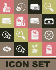 Sticker - Set Finance document, Safe, Stacks paper money cash, Credit card, and lock, Money bag coin and Discount with percent icon. Vector