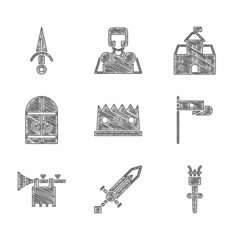 Poster - Set King crown, Medieval sword, Torch flame, flag, Trumpet with, castle gate, Castle, fortress and Dagger icon. Vector