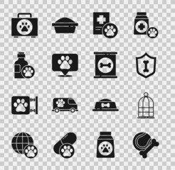 Sticker - Set Pet toys bone rubber and ball, Cage for birds, Animal health insurance, Clinical record pet, Location veterinary, shampoo, first aid kit and Canned food icon. Vector