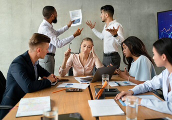 Poster - Workplace Conflicts. Stressed Group Of Business People Having Disagreements During Corporate Meeting