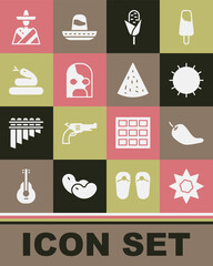 Poster - Set Sun, Hot chili pepper pod, Corn, Mexican wrestler, Snake, man sombrero and Nachos icon. Vector