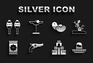 Sticker - Set Revolver gun, Cactus, Mexican sombrero, Chichen Itza in Mayan, carpet, Beans, Maracas and Margarita cocktail icon. Vector