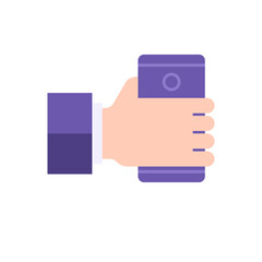 Poster - Business man hand in suit holding smartphone camera making photo vector flat illustration