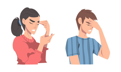 Sticker - Disappointed Young Man and Woman Trying to Remember Something Feeling Frustration About Forgetting Things Vector Set