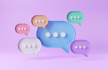 Wall Mural - Minimalist blue red orange green purple speech bubbles talk icons floating over purple background. Modern conversation or social media messages with shadow. 3D rendering