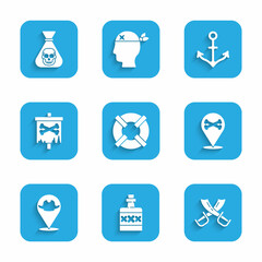 Sticker - Set Lifebuoy, Alcohol drink Rum, Crossed pirate swords, Location, Pirate flag, Anchor and coin icon. Vector