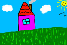 House, With A Meadow And A Beautiful Sky. Children's Drawing.