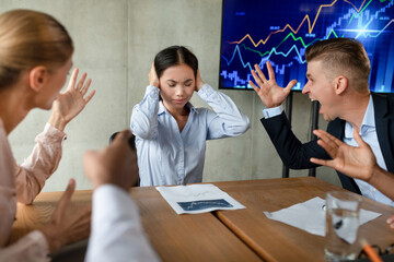 Poster - Workplace Bullying. Aggressive Coleagues Shouting At Stressed Asian Female Employee In Office