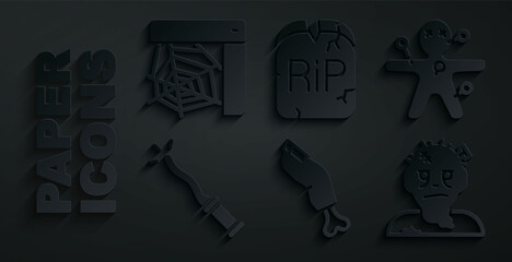 Sticker - Set Zombie finger, Voodoo doll, Magic wand, mask, Tombstone with RIP written and Spider web icon. Vector