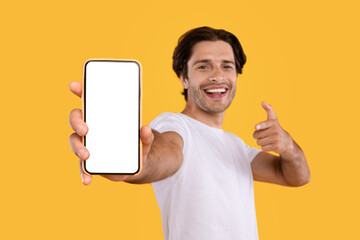 Poster - Guy showing white empty smartphone screen and pointing