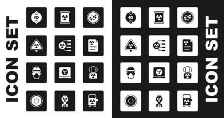 Wall Mural - Set Molecule, Radioactive, Triangle with radiation, Atom, Radiation warning document, waste barrel, lamp and Nuclear reactor worker icon. Vector