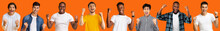 Satisfied Excited Multicultural Millennial Guys Rejoice, Celebrating Success, Joy, Isolated On Orange Background