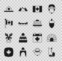 Set Skates, Igloo Ice House, Acorn, Flag Of Canada, Kayak, Canadian Ranger Hat And Stack Pancakes Icon. Vector