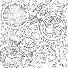 Wall Mural -  Coffee, cakes and tulips.Flat lay.Coloring book antistress for children and adults. Illustration isolated on white background. Zen-tangle style. Hand draw