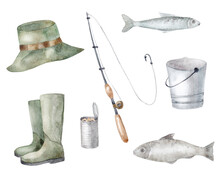 Watercolor Illustration, Fishing, Rubber Boots, Iron Bucket, Fishing Rod, Fish, Worm, Hook, Reed. Camping. Isolated On White Background.