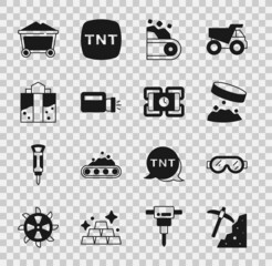 Sticker - Set Pickaxe, Safety goggle glasses, Giant magnet holding iron dust, Conveyor belt carrying coal, Flashlight, Mine entrance, trolley and Dynamite icon. Vector