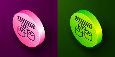 Sticker - Isometric line Sushi icon isolated on purple and green background. Traditional Japanese food. Circle button. Vector