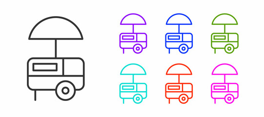 Sticker - Black line Fast street food cart with awning icon isolated on white background. Urban kiosk. Ice cream truck. Set icons colorful. Vector