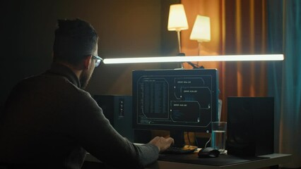 Young man mobile developer writes program code on a computer, programmer work in home office.
