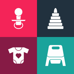 Poster - Set pop art Baby potty, clothes, Pyramid toy and dummy pacifier icon. Vector