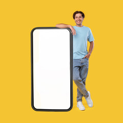Poster - Man leaning on big white empty smartphone screen