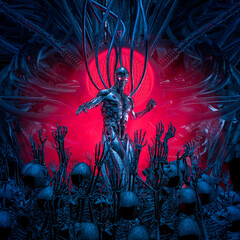 Wall Mural - cyborg raising the undead - 3d illustration of science fiction robotic artificial intelligence comma