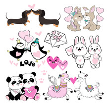 Love Animals. Llamas, Dachshund Dogs, Pandas, Rabbits For Valentine's Day. Vector Illustration In Kawaii Style