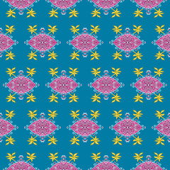 Wall Mural - Pink and Yellow Flower on Blue. Geometric ethnic oriental pattern traditional Design for background,carpet,wallpaper,clothing,wrapping,Batik,fabric, illustration embroidery style