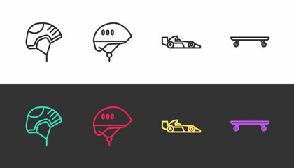 Sticker - Set line Helmet, Bicycle helmet, Formula 1 racing car and Longboard skateboard on black and white. Vector