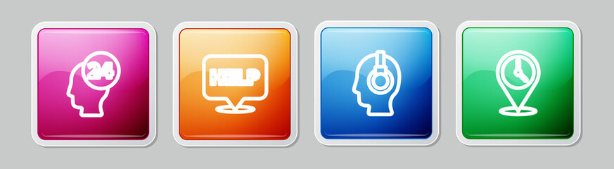 Poster - Set line Support operator in touch, Speech bubble with text Help, and Location clock. Colorful square button. Vector