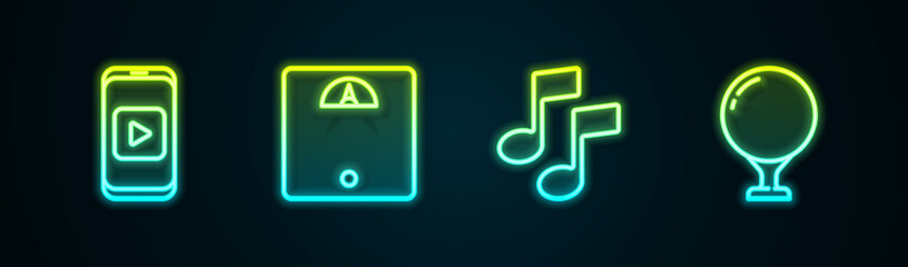 Sticker - Set line Online play video, Bathroom scales, Music note, tone and Golf ball tee. Glowing neon icon. Vector