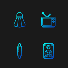 Sticker - Set line Stereo speaker, Rolling pin, Badminton shuttlecock and Retro tv. Gradient color icons. Vector