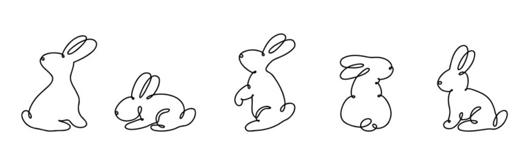 Funny rabbits. Easter bunny continuous one line drawing. Black and white contour. Vector illustration.