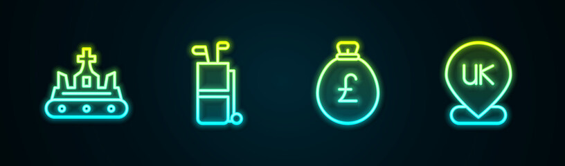 Wall Mural - Set line British crown, Golf bag with clubs, Money pound and Location England. Glowing neon icon. Vector