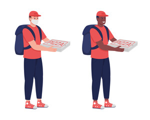 Poster - Courier with pizza semi flat color vector character set. Posing figure. Full body people on white. Fast food delivery isolated modern cartoon style illustration for graphic design and animation bundle