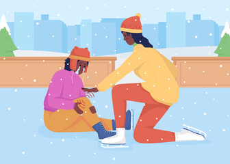 Poster - Falling on ice rink flat color vector illustration. Winter accident. Injured kid. Everyday situation. Daily life. Mother with kid 2D cartoon characters with winter cityscape on background