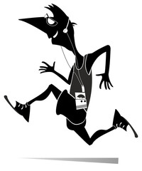 Wall Mural - Runner isolated illustrationю Comic cartoon man with sunglasses is running and listening music black on white